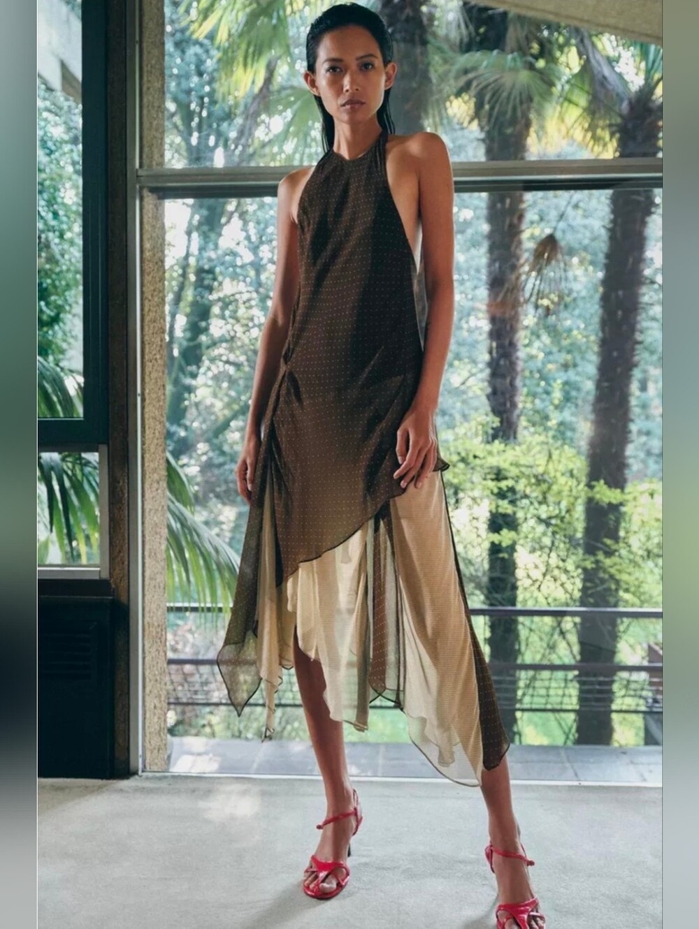 NWT Zara Collection Brown Polka Dot Asymmetrical Combination Midi Dress - Picture 4 of 14